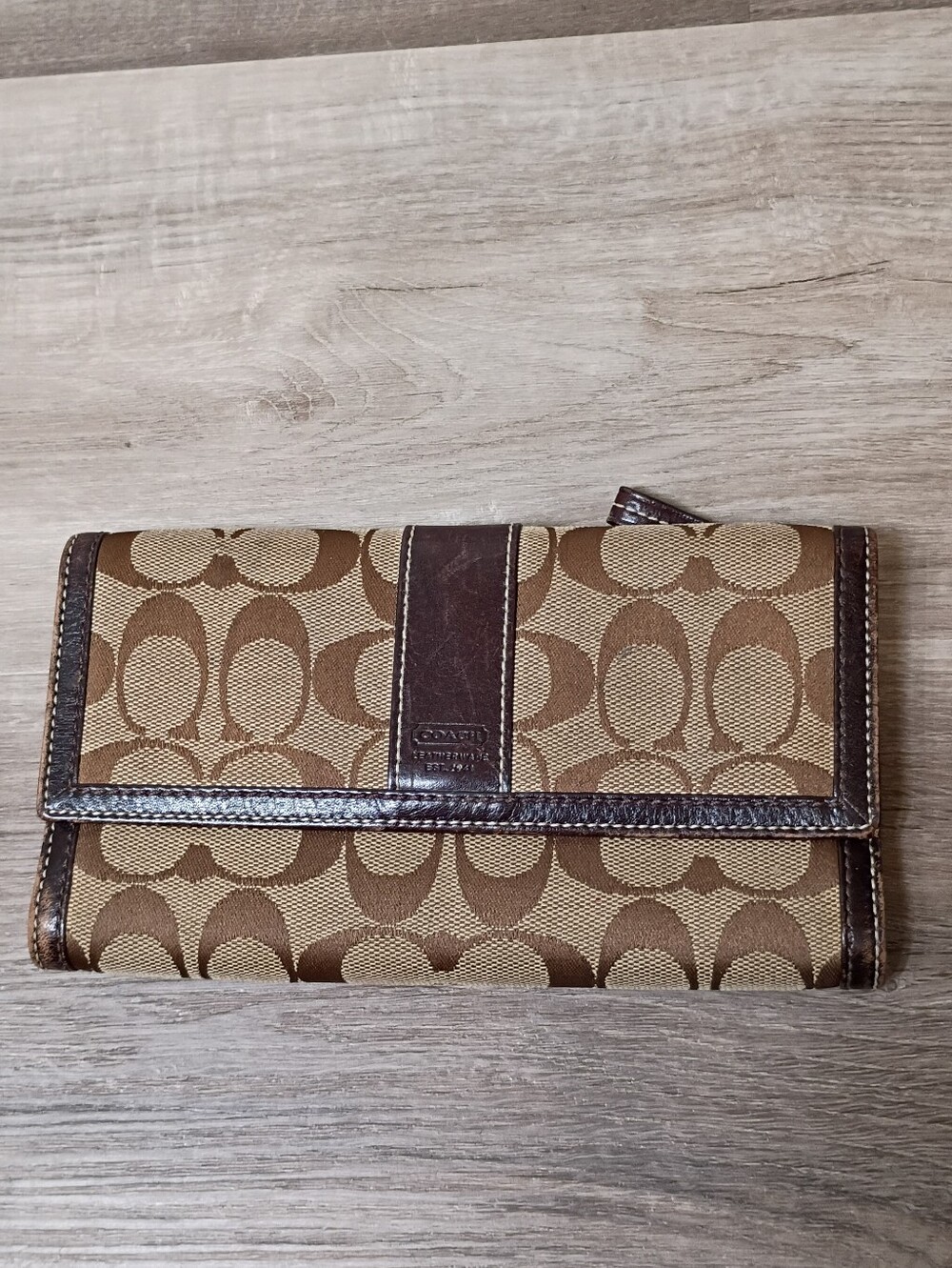 Coach Vintage Brown Tan Classic Monogram C Canvas Leather Large Envelope Wallet